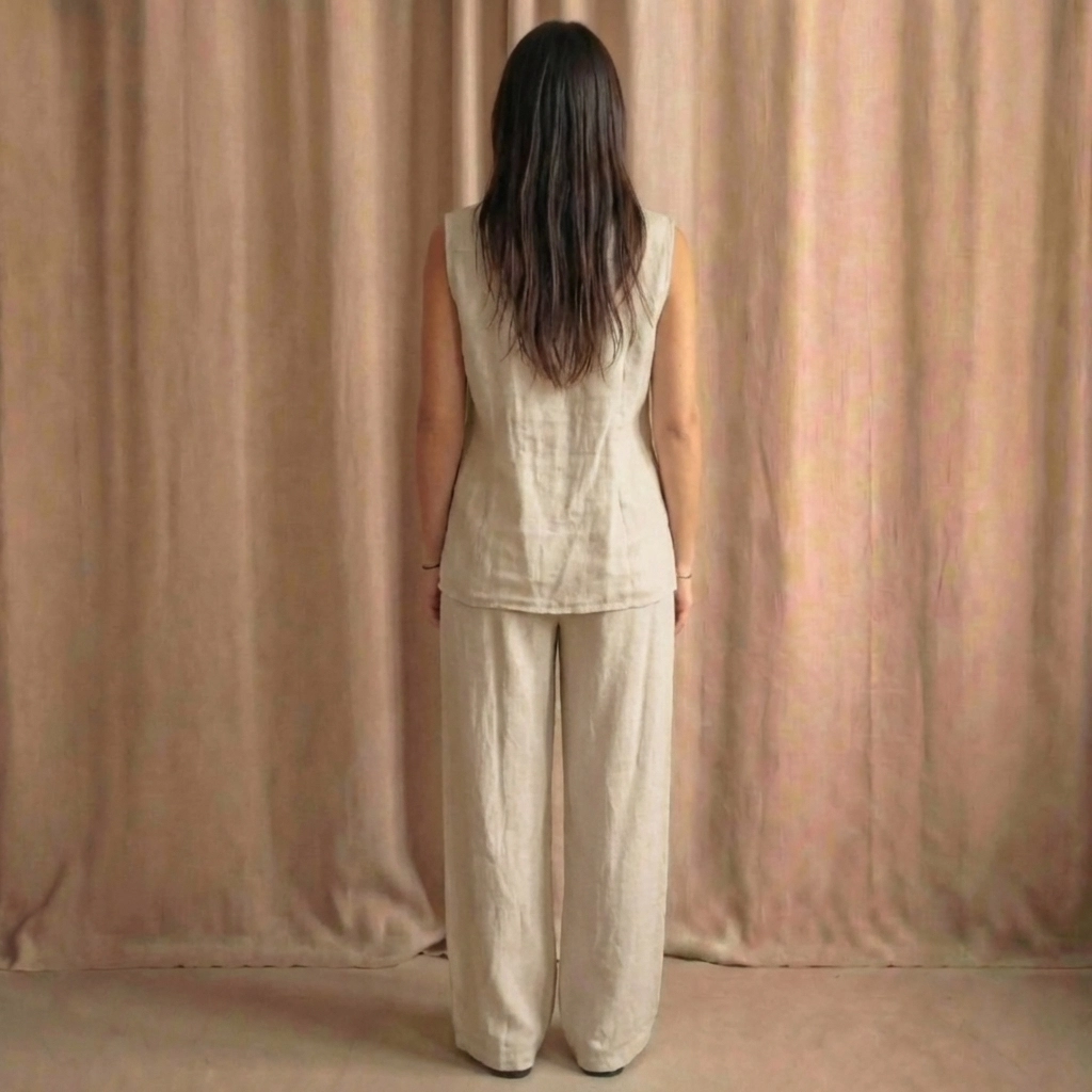 Beige-Grey Italian Linen Two-Piece Set – Wide-Leg Pants & Crop Top – One Size