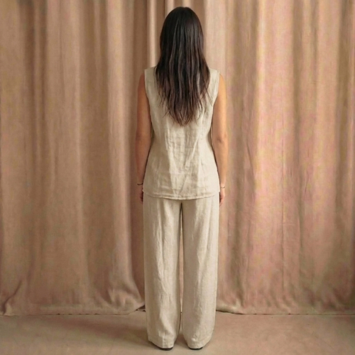 Beige-Grey Italian Linen Two-Piece Set – Wide-Leg Pants & Crop Top – One Size