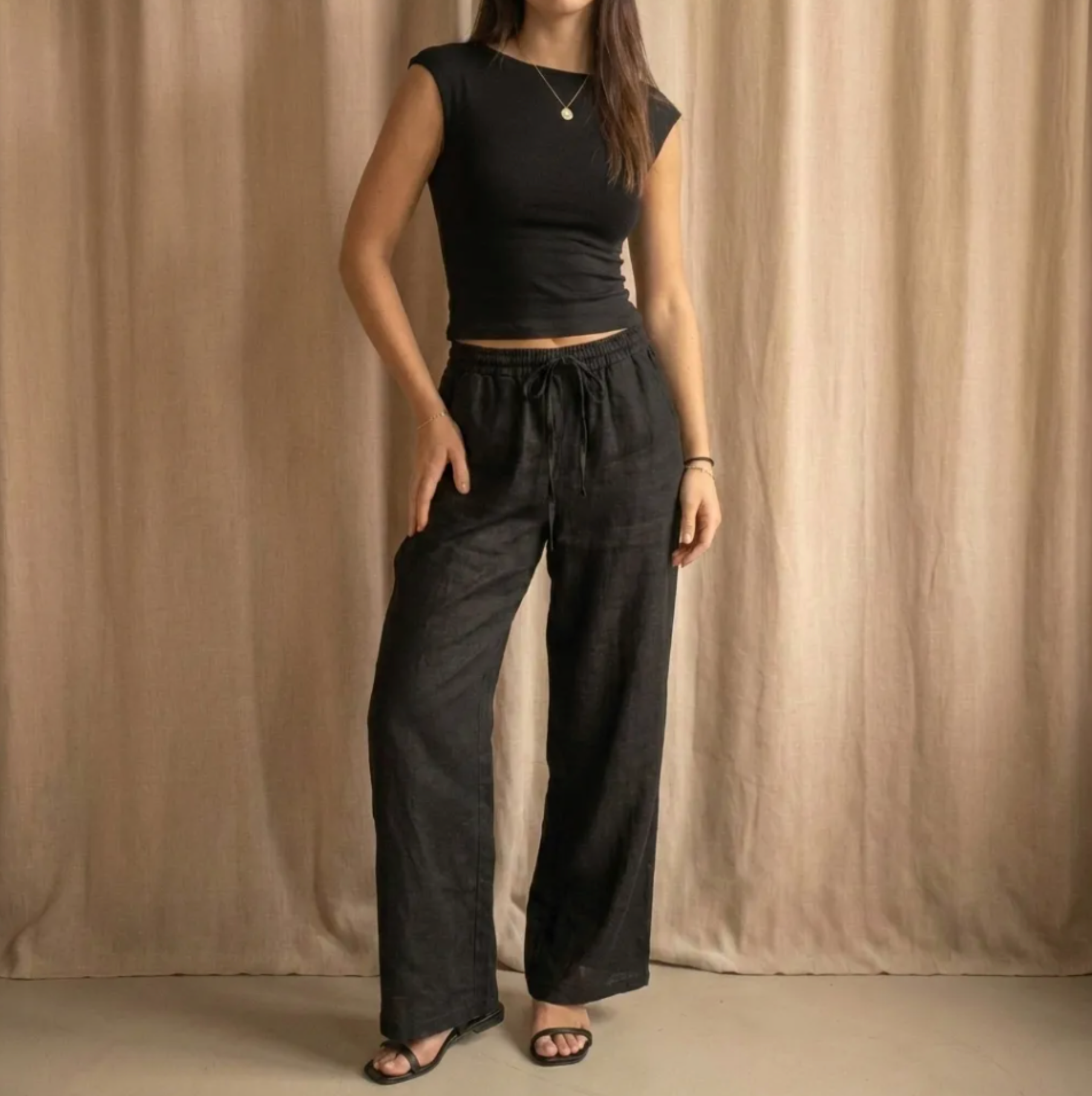 Black Italian Linen Wide-Leg Pants – One Size