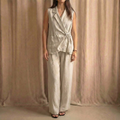 Beige-Grey Italian Linen Two-Piece Set – Wide-Leg Pants & Crop Top – One Size