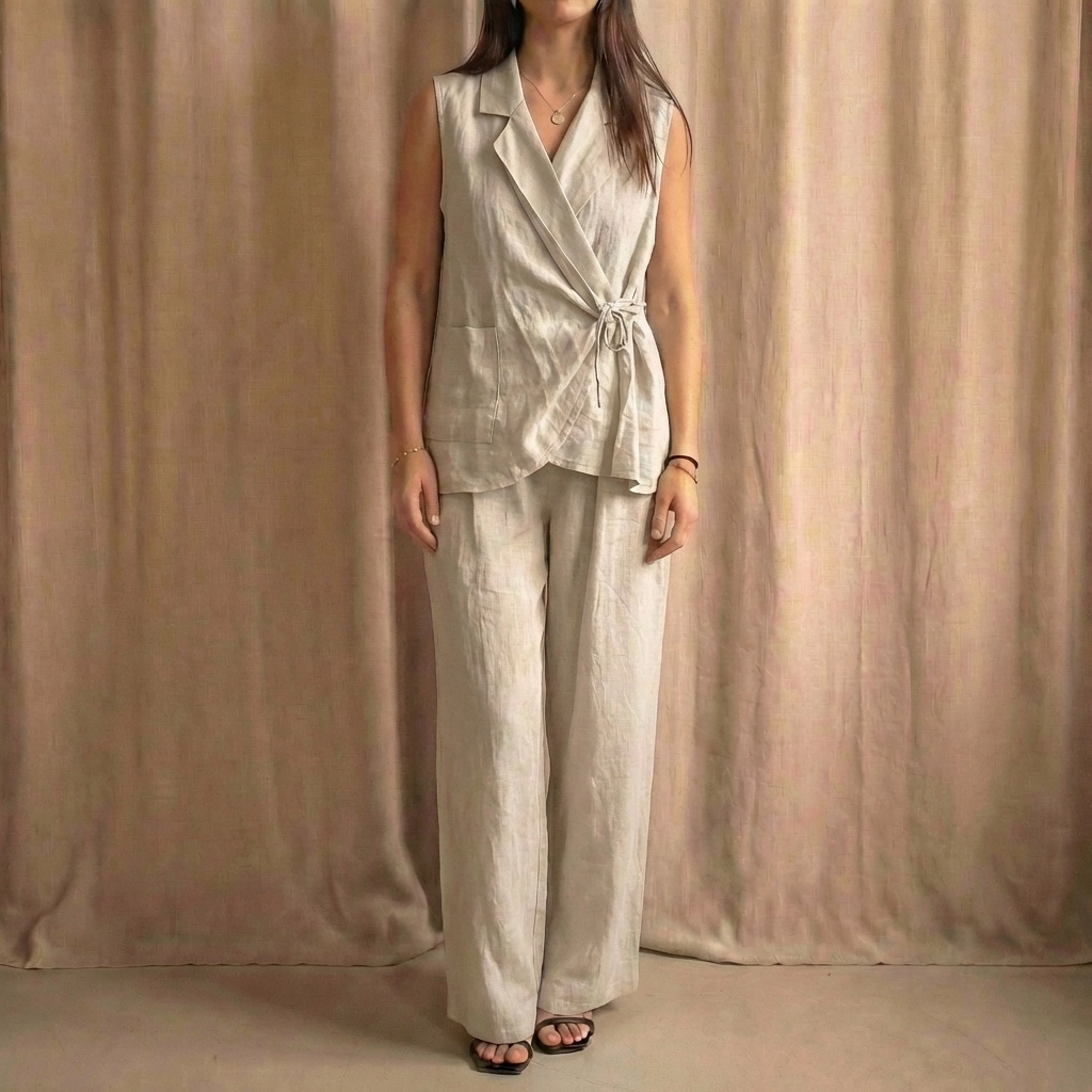 Beige-Grey Italian Linen Two-Piece Set – Wide-Leg Pants & Crop Top – One Size